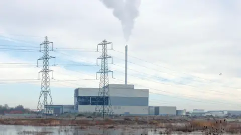 Getty Images A white building with a single chimney that releases a white cloud into the sky. The foreground is brown marshland and two pylons can be seen in front of the plant. The sky is partially cloudy. 
