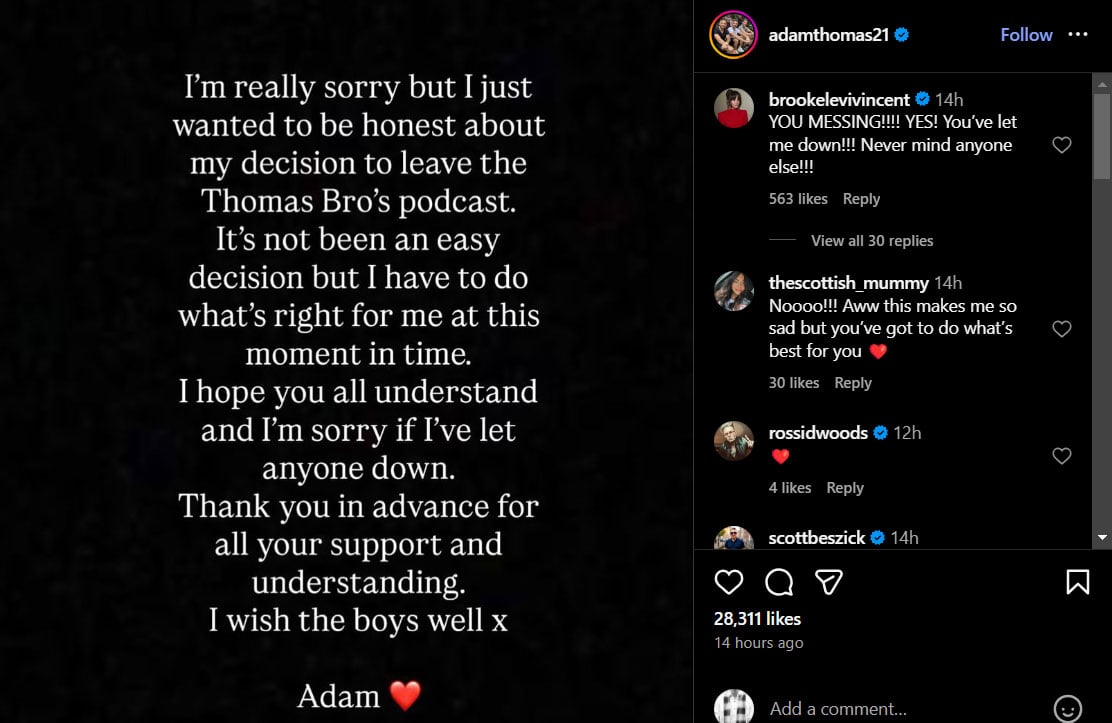 Adam Thomas shocks fans with podcast exit or does he?