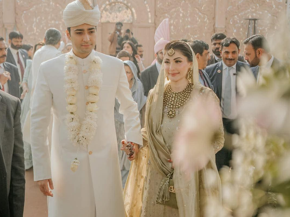 Punjab Chief Minister Maryam Nawaz Sharif with her son, Junaid Safdar, during his nikah ceremony held in Lahore on Saturday. Photo: Express